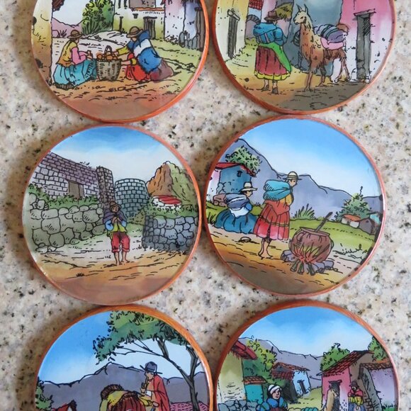 Set 6 Peruvian Coasters Wood Handpainted Vintage (K711) - Picture 3 of 8